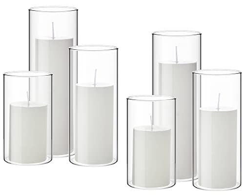 Set of 6 White Pillar Candles and 6 Glass Cylinder Vases Clear Cylinder Candle Holders for Slim Pillar Candles Wedding Centerpieces