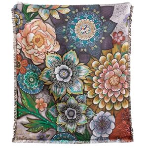yokii boho floral cotton throw blanket with fringes 51’’w x 63’’l, colorful vintage bouquet patterned decorative bed couch throw blanket bohemian woven knitted tapestry blanket for women girls