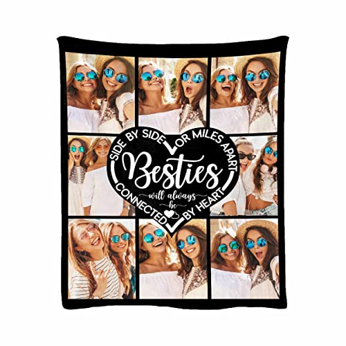 LOSARON Customized BFF Photo Fleece Blanket Throw Sister Side by Side or Miles Apart Connected by Heart Personalized Throw for Best Sisters Friends on Birthday Christmas 30 x40