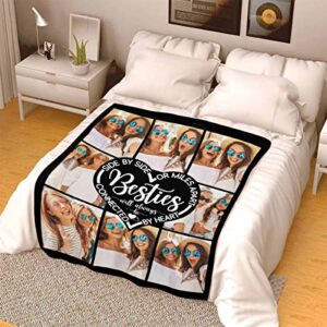 LOSARON Customized BFF Photo Fleece Blanket Throw Sister Side by Side or Miles Apart Connected by Heart Personalized Throw for Best Sisters Friends on Birthday Christmas 30 x40