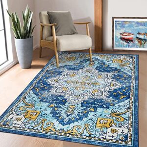 RUGSREAL Vintage Area Rug Washable Boho Living Room Rug Foldable Velvet Rug Floral Bohemian Print Accent Rug Retro Indoor Carpet for Bedroom Entryway Laundry Room, 4' x 6', Blue/Yellow