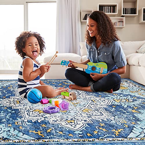 RUGSREAL Vintage Area Rug Washable Boho Living Room Rug Foldable Velvet Rug Floral Bohemian Print Accent Rug Retro Indoor Carpet for Bedroom Entryway Laundry Room, 4' x 6', Blue/Yellow