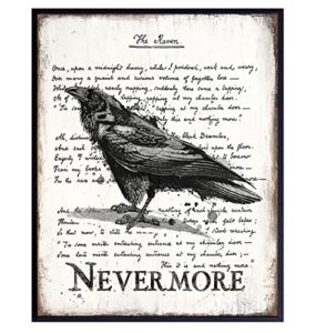the raven wall art & decor – nevermore – edgar allan poe gift – goth room decor – gothic home decor – creepy poem poetry wall art – vintage rustic decoration – retro style poster print 8×10 unframed
