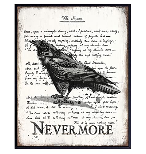 The Raven Wall Art & Decor - Nevermore - Edgar Allan Poe Gift - Goth Room Decor - Gothic Home Decor - Creepy Poem Poetry Wall Art - Vintage Rustic Decoration - Retro Style Poster Print 8x10 UNFRAMED