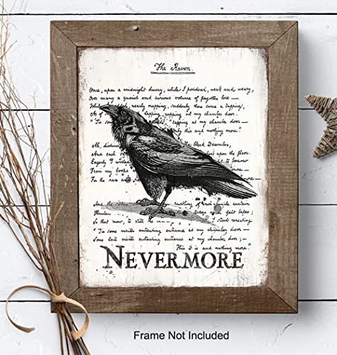 The Raven Wall Art & Decor - Nevermore - Edgar Allan Poe Gift - Goth Room Decor - Gothic Home Decor - Creepy Poem Poetry Wall Art - Vintage Rustic Decoration - Retro Style Poster Print 8x10 UNFRAMED