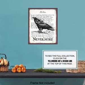 The Raven Wall Art & Decor - Nevermore - Edgar Allan Poe Gift - Goth Room Decor - Gothic Home Decor - Creepy Poem Poetry Wall Art - Vintage Rustic Decoration - Retro Style Poster Print 8x10 UNFRAMED