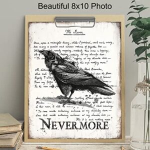 The Raven Wall Art & Decor - Nevermore - Edgar Allan Poe Gift - Goth Room Decor - Gothic Home Decor - Creepy Poem Poetry Wall Art - Vintage Rustic Decoration - Retro Style Poster Print 8x10 UNFRAMED