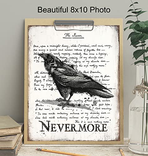 The Raven Wall Art & Decor - Nevermore - Edgar Allan Poe Gift - Goth Room Decor - Gothic Home Decor - Creepy Poem Poetry Wall Art - Vintage Rustic Decoration - Retro Style Poster Print 8x10 UNFRAMED