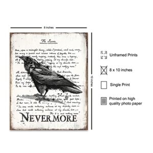 The Raven Wall Art & Decor - Nevermore - Edgar Allan Poe Gift - Goth Room Decor - Gothic Home Decor - Creepy Poem Poetry Wall Art - Vintage Rustic Decoration - Retro Style Poster Print 8x10 UNFRAMED