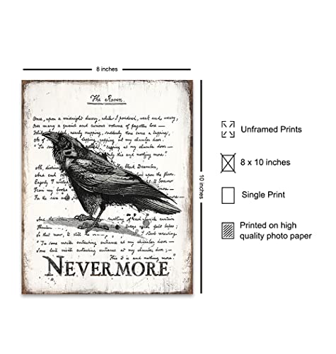 The Raven Wall Art & Decor - Nevermore - Edgar Allan Poe Gift - Goth Room Decor - Gothic Home Decor - Creepy Poem Poetry Wall Art - Vintage Rustic Decoration - Retro Style Poster Print 8x10 UNFRAMED