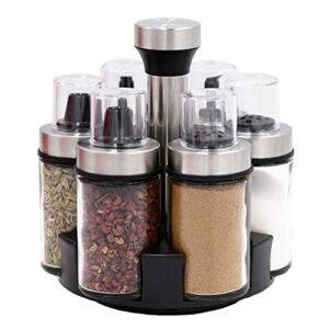 spinning spice rack organizer with 6 bottles, oil and vinegar dispenser set , stainless steel salt and pepper shaker sets with rotating holder