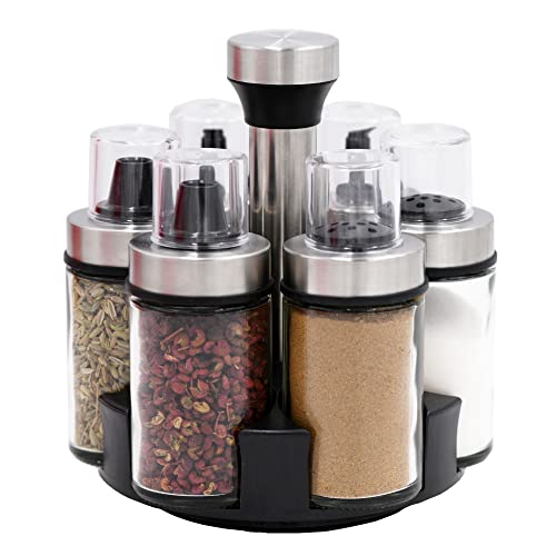 Spinning Spice Rack Organizer with 6 Bottles, Oil and Vinegar Dispenser Set , Stainless Steel Salt and Pepper Shaker Sets with Rotating Holder