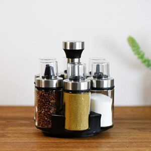 Spinning Spice Rack Organizer with 6 Bottles, Oil and Vinegar Dispenser Set , Stainless Steel Salt and Pepper Shaker Sets with Rotating Holder