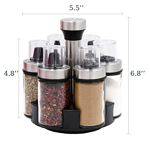 Spinning Spice Rack Organizer with 6 Bottles, Oil and Vinegar Dispenser Set , Stainless Steel Salt and Pepper Shaker Sets with Rotating Holder