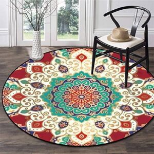 round rug turquoise red seamless mandala ornament traditional indian motifs circle area rug 6ft non-slip carpet indoor outdoor for living room bedroom nursery kitchen washable throw rug floor mat