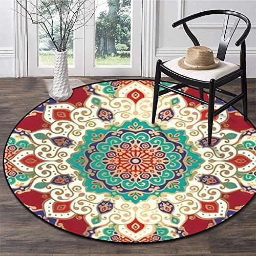 Round Rug Turquoise red Seamless Mandala Ornament Traditional Indian Motifs Circle Area Rug 6ft Non-Slip Carpet Indoor Outdoor for Living Room Bedroom Nursery Kitchen Washable Throw Rug Floor Mat