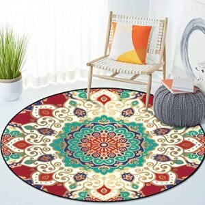 Round Rug Turquoise red Seamless Mandala Ornament Traditional Indian Motifs Circle Area Rug 6ft Non-Slip Carpet Indoor Outdoor for Living Room Bedroom Nursery Kitchen Washable Throw Rug Floor Mat