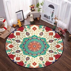 Round Rug Turquoise red Seamless Mandala Ornament Traditional Indian Motifs Circle Area Rug 6ft Non-Slip Carpet Indoor Outdoor for Living Room Bedroom Nursery Kitchen Washable Throw Rug Floor Mat