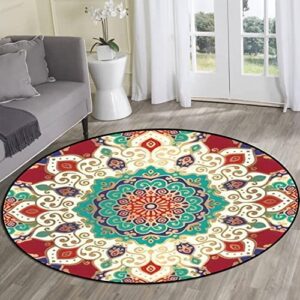 Round Rug Turquoise red Seamless Mandala Ornament Traditional Indian Motifs Circle Area Rug 6ft Non-Slip Carpet Indoor Outdoor for Living Room Bedroom Nursery Kitchen Washable Throw Rug Floor Mat