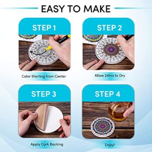 Color Your Own Coaster Mandalas with Markers | 8 Absorbent Ceramic Discs w/Cork Base for Drinks | Gift Arts and Crafts DIY Kit for Adults, Hobby, Beginners, Kids, Teens, Seniors, Women, Elderly