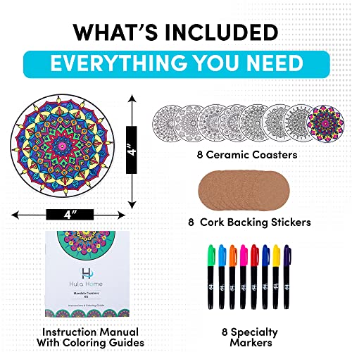 Color Your Own Coaster Mandalas with Markers | 8 Absorbent Ceramic Discs w/Cork Base for Drinks | Gift Arts and Crafts DIY Kit for Adults, Hobby, Beginners, Kids, Teens, Seniors, Women, Elderly