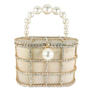 ddqyyspp synthetic pearl top-handle women metal bucket bag crystal evening purses and clutches formal wedding handbags, gold