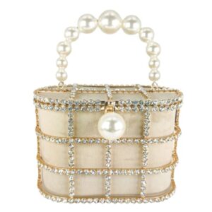 DDQYYSPP Synthetic Pearl Top-Handle Women Metal Bucket Bag Crystal Evening Purses and Clutches Formal Wedding Handbags, Gold