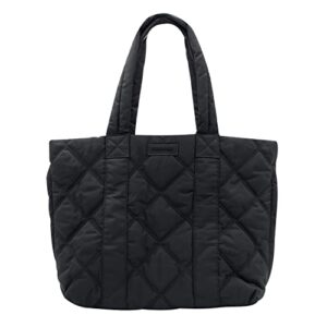 amazing song large quilted tote bag for women, puffer shoulder bag designer handbag work shopper with zipper down tote, soft black