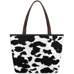 cow animal print large totes top handle purse women shoulder bag, black and white camo print tote bag with zipper handbag for travel school girls