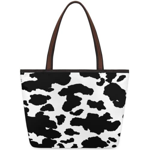 Cow Animal Print Large Totes Top Handle Purse Women Shoulder Bag, Black and White Camo Print Tote Bag with Zipper Handbag for Travel School Girls