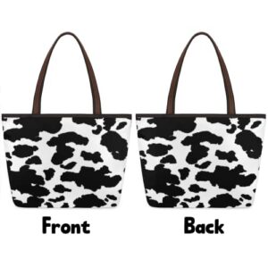 Cow Animal Print Large Totes Top Handle Purse Women Shoulder Bag, Black and White Camo Print Tote Bag with Zipper Handbag for Travel School Girls