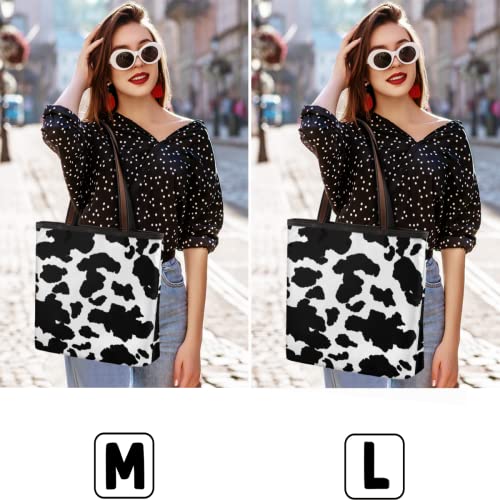 Cow Animal Print Large Totes Top Handle Purse Women Shoulder Bag, Black and White Camo Print Tote Bag with Zipper Handbag for Travel School Girls