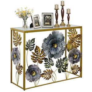 console table, vintage art sofa table with metal flower decor, slim entryway tables with glass mirror desktop behind sofa, narrow accent sofa tables for entryway living room hallway bedroom