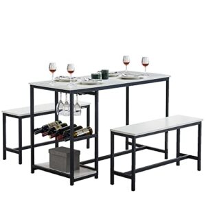 vmobili dining table set for 4,3 piece kitchen table and chairs set with 2 benches, breakfast nook table set, dining table with wine rack and storage shelf small metal frame kitchen table