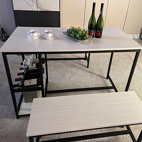 Vmobili Dining Table Set for 4,3 Piece Kitchen Table and Chairs Set with 2 Benches, Breakfast Nook Table Set, Dining Table with Wine Rack and Storage Shelf Small Metal Frame Kitchen Table