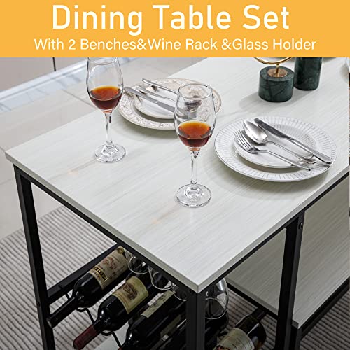 Vmobili Dining Table Set for 4,3 Piece Kitchen Table and Chairs Set with 2 Benches, Breakfast Nook Table Set, Dining Table with Wine Rack and Storage Shelf Small Metal Frame Kitchen Table
