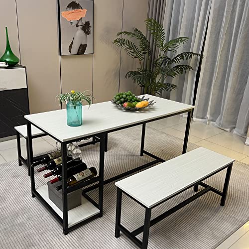 Vmobili Dining Table Set for 4,3 Piece Kitchen Table and Chairs Set with 2 Benches, Breakfast Nook Table Set, Dining Table with Wine Rack and Storage Shelf Small Metal Frame Kitchen Table