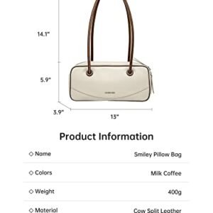 Amazing Song Shoulder Bag for Women, Top Handle Tote Designer Handbag Boston Satchel, Genuine Leather, Smiley Pillow Bag Milk Coffee