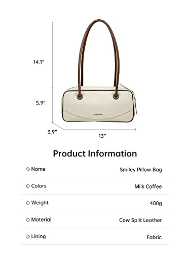 Amazing Song Shoulder Bag for Women, Top Handle Tote Designer Handbag Boston Satchel, Genuine Leather, Smiley Pillow Bag Milk Coffee