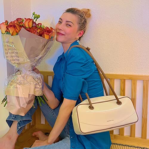 Amazing Song Shoulder Bag for Women, Top Handle Tote Designer Handbag Boston Satchel, Genuine Leather, Smiley Pillow Bag Milk Coffee