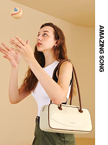 Amazing Song Shoulder Bag for Women, Top Handle Tote Designer Handbag Boston Satchel, Genuine Leather, Smiley Pillow Bag Milk Coffee