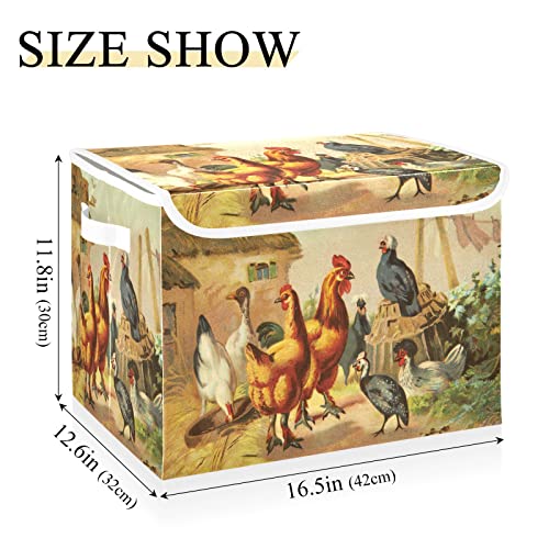 Kigai Rooster Lidded Home Storage Bins, Foldable Storage Basket with Double Handle, Flip-Top Storage Box for Toys Clothes Documents