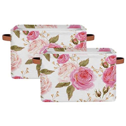 Pardick 2Pack Floral Flower Rose Large Collapsible Storage Bins,Pink Roses Decorative Canvas Fabric Storage Boxes Organizer with Handles，Rectangular Shelves Baskets Box for Home Office Nursery Closet