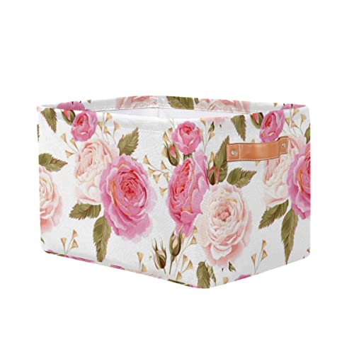 Pardick 2Pack Floral Flower Rose Large Collapsible Storage Bins,Pink Roses Decorative Canvas Fabric Storage Boxes Organizer with Handles，Rectangular Shelves Baskets Box for Home Office Nursery Closet