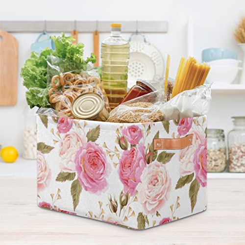 Pardick 2Pack Floral Flower Rose Large Collapsible Storage Bins,Pink Roses Decorative Canvas Fabric Storage Boxes Organizer with Handles，Rectangular Shelves Baskets Box for Home Office Nursery Closet