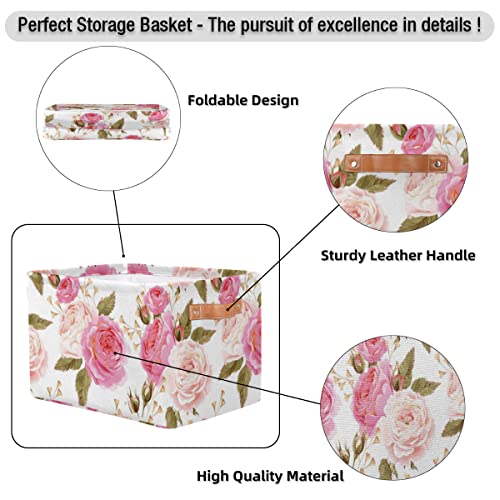 Pardick 2Pack Floral Flower Rose Large Collapsible Storage Bins,Pink Roses Decorative Canvas Fabric Storage Boxes Organizer with Handles，Rectangular Shelves Baskets Box for Home Office Nursery Closet