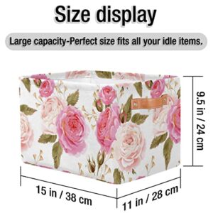 Pardick 2Pack Floral Flower Rose Large Collapsible Storage Bins,Pink Roses Decorative Canvas Fabric Storage Boxes Organizer with Handles，Rectangular Shelves Baskets Box for Home Office Nursery Closet