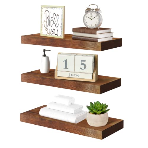 iiidol Wood Floating Shelves Set of 3, Rustic Shelves Wooden Display Shelf with Invisible Brackets-16 L x 6.7" D Wall Mounted Shelf for Living Room Bedroom Kitchen Bathroom Farmhouse (3, Small)