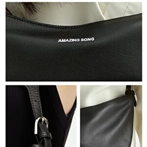 Amazing Song Hobo Cescent Crossbody Bag for Women, Sling Croissant Shoulder Bag Soft Leather Half Moon Black