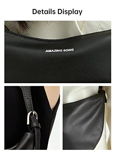 Amazing Song Hobo Cescent Crossbody Bag for Women, Sling Croissant Shoulder Bag Soft Leather Half Moon Black